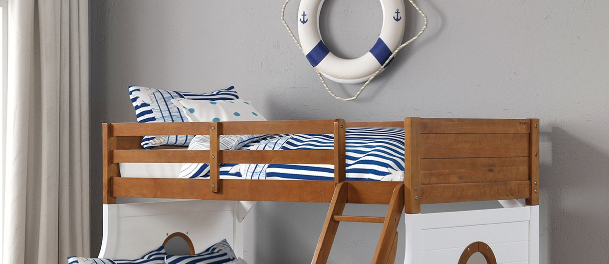 Modern Novelty Style Twin Over Full Bunk Bed With Attached Angled Ladder Rails And Lock Joint Structure For Safety Oak Finish Upper Bed White Finish Lower Bed