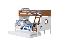 Modern Novelty Style Twin Over Full Bunk Bed With Attached Angled Ladder Rails And Lock Joint Structure For Safety Oak Finish Upper Bed White Finish Lower Bed