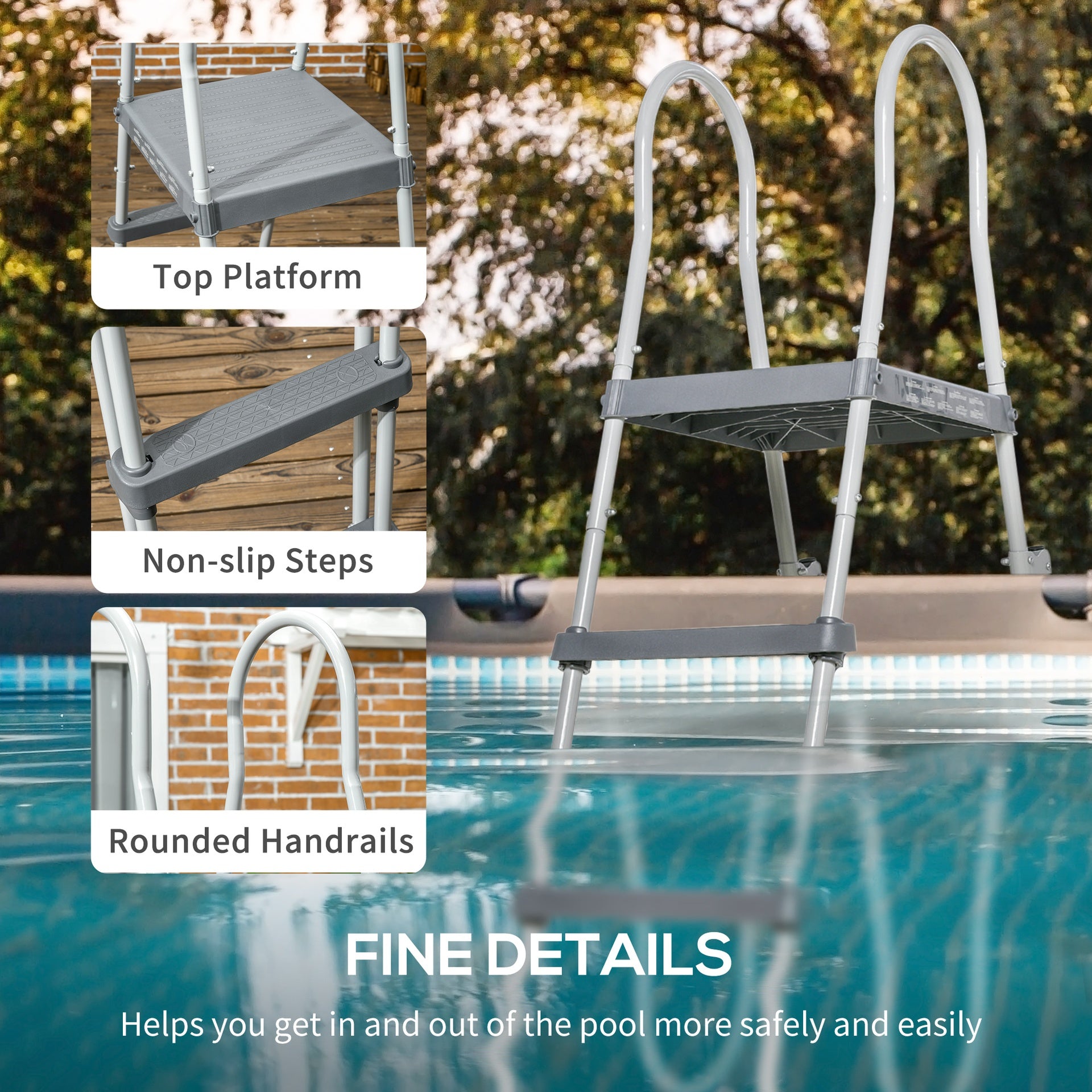 Outsunny 70" Above Ground Swimming Pool Ladder, A-Frame Deck Ladder with Top Platform, Non-slip Steps & Rounded Handrails for 48" Pool Wall Height, Gray