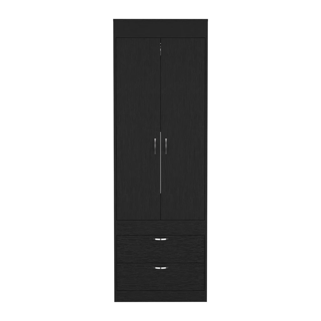 Armoire 70H inch, Double Door Cabinet, Two Drawers, Metal Handles, Rod, Black