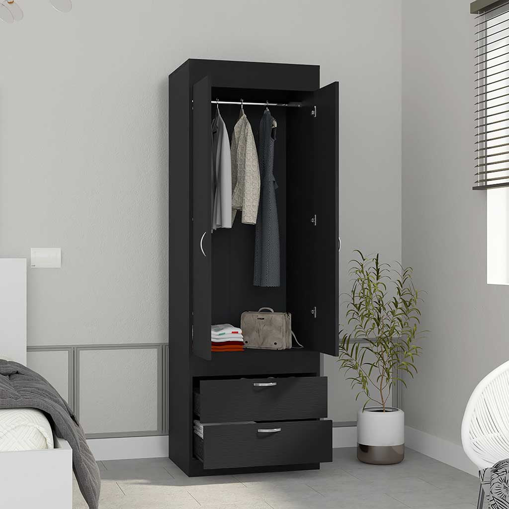 Armoire 70H inch, Double Door Cabinet, Two Drawers, Metal Handles, Rod, Black