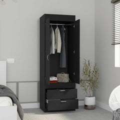 Armoire 70H inch, Double Door Cabinet, Two Drawers, Metal Handles, Rod, Black