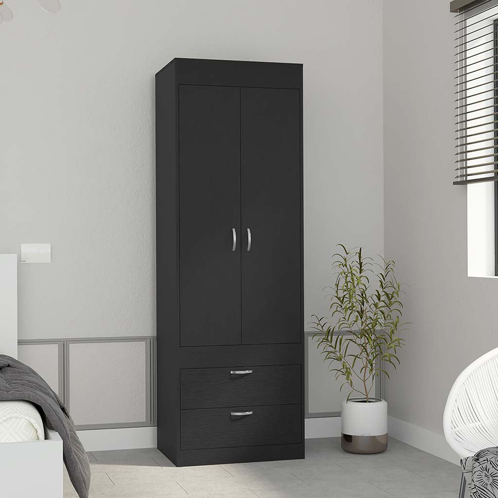 Armoire 70H inch, Double Door Cabinet, Two Drawers, Metal Handles, Rod, Black