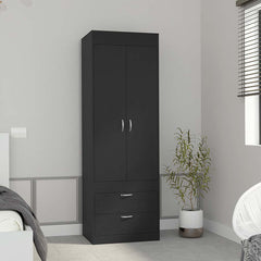 Armoire 70H inch, Double Door Cabinet, Two Drawers, Metal Handles, Rod, Black