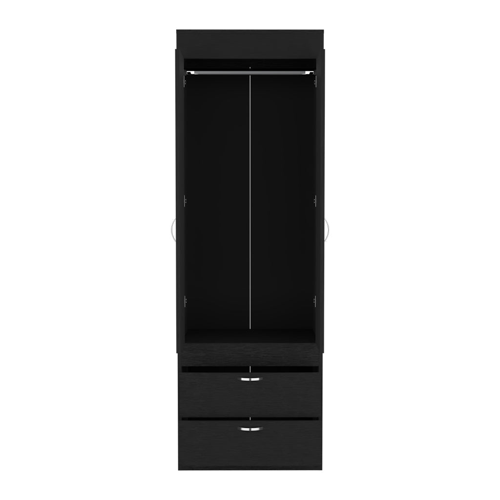Armoire 70H inch, Double Door Cabinet, Two Drawers, Metal Handles, Rod, Black