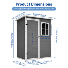 5x3ft Gray Resin Outdoor Storage Shed with Floor, Waterproof Lockable Design and Window - Ideal Tool & Garden Storage for Backyard, Patio, Lawn