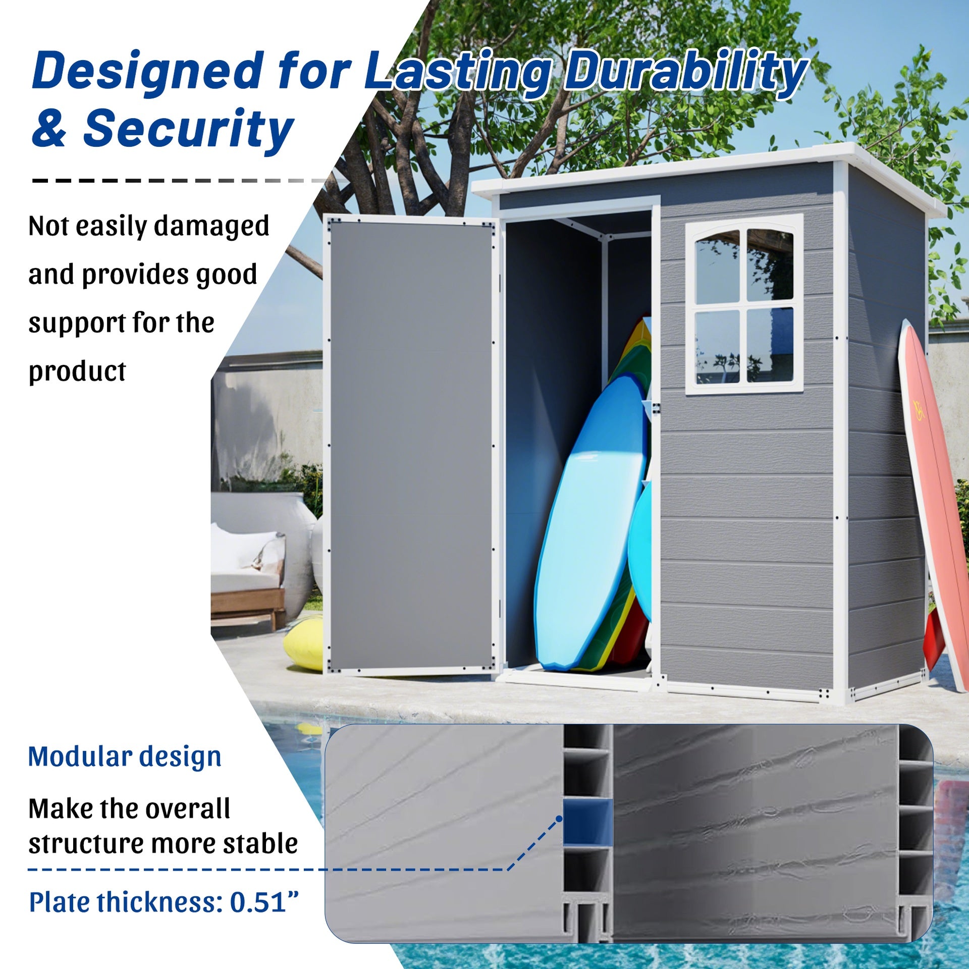 5x3ft Gray Resin Outdoor Storage Shed with Floor, Waterproof Lockable Design and Window - Ideal Tool & Garden Storage for Backyard, Patio, Lawn
