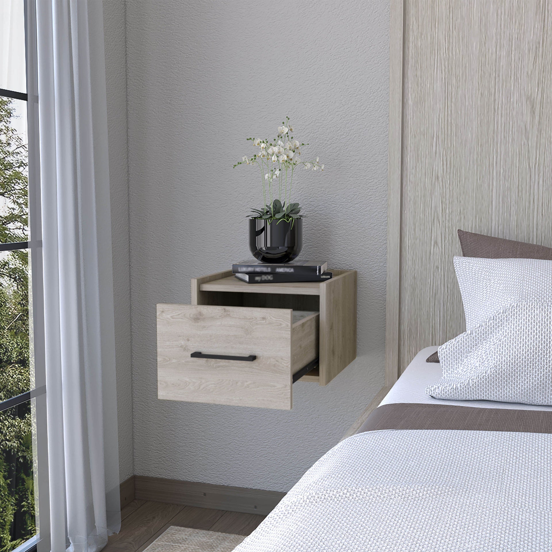 Elfrida Wall-Mounted Nightstand, Sleek Single-Drawer Design with Spacious Top Shelf