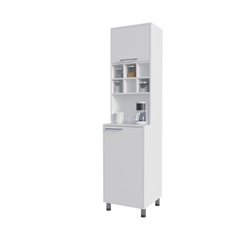 Rock Kitchen Pantry with Pneumatic Door, Open Storage, and Bottom Cabinet, White.