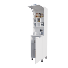 Rock Kitchen Pantry with Pneumatic Door, Open Storage, and Bottom Cabinet, White.