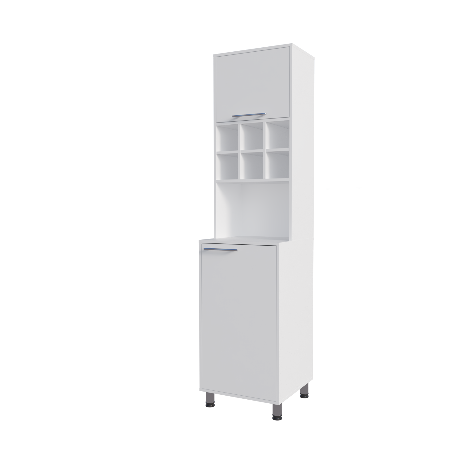 Rock Kitchen Pantry with Pneumatic Door, Open Storage, and Bottom Cabinet, White.