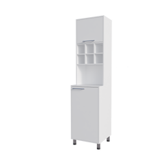 Rock Kitchen Pantry with Pneumatic Door, Open Storage, and Bottom Cabinet, White.