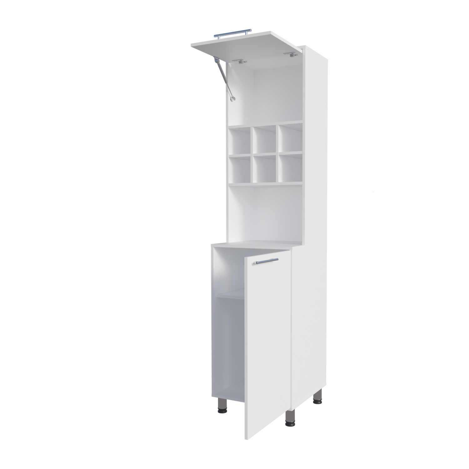 Rock Kitchen Pantry with Pneumatic Door, Open Storage, and Bottom Cabinet, White.