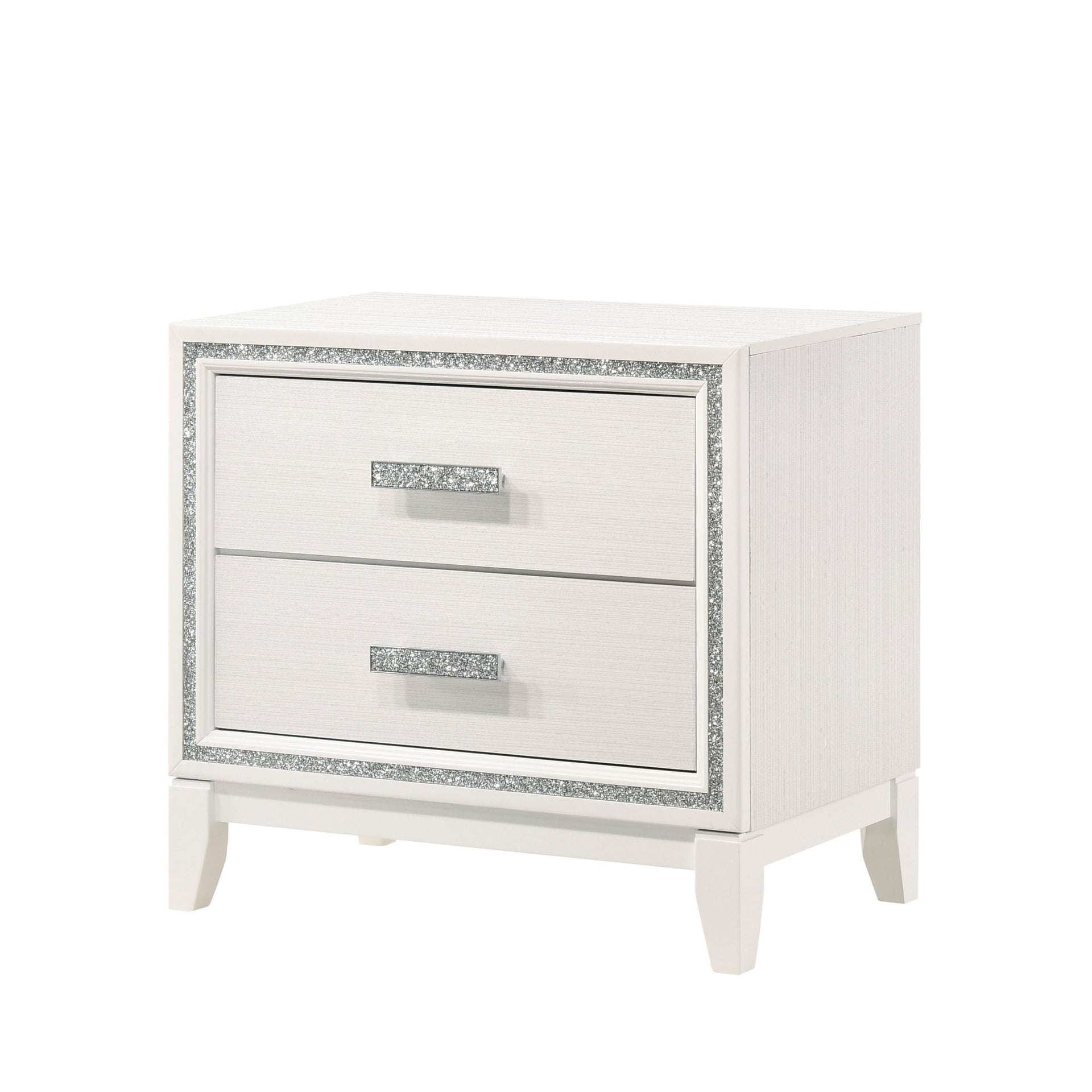 Contemporary Bedroom Furniture White Finish Nightstand with Two Drawers Wooden 1pc Shimmering Silver Trim Accent