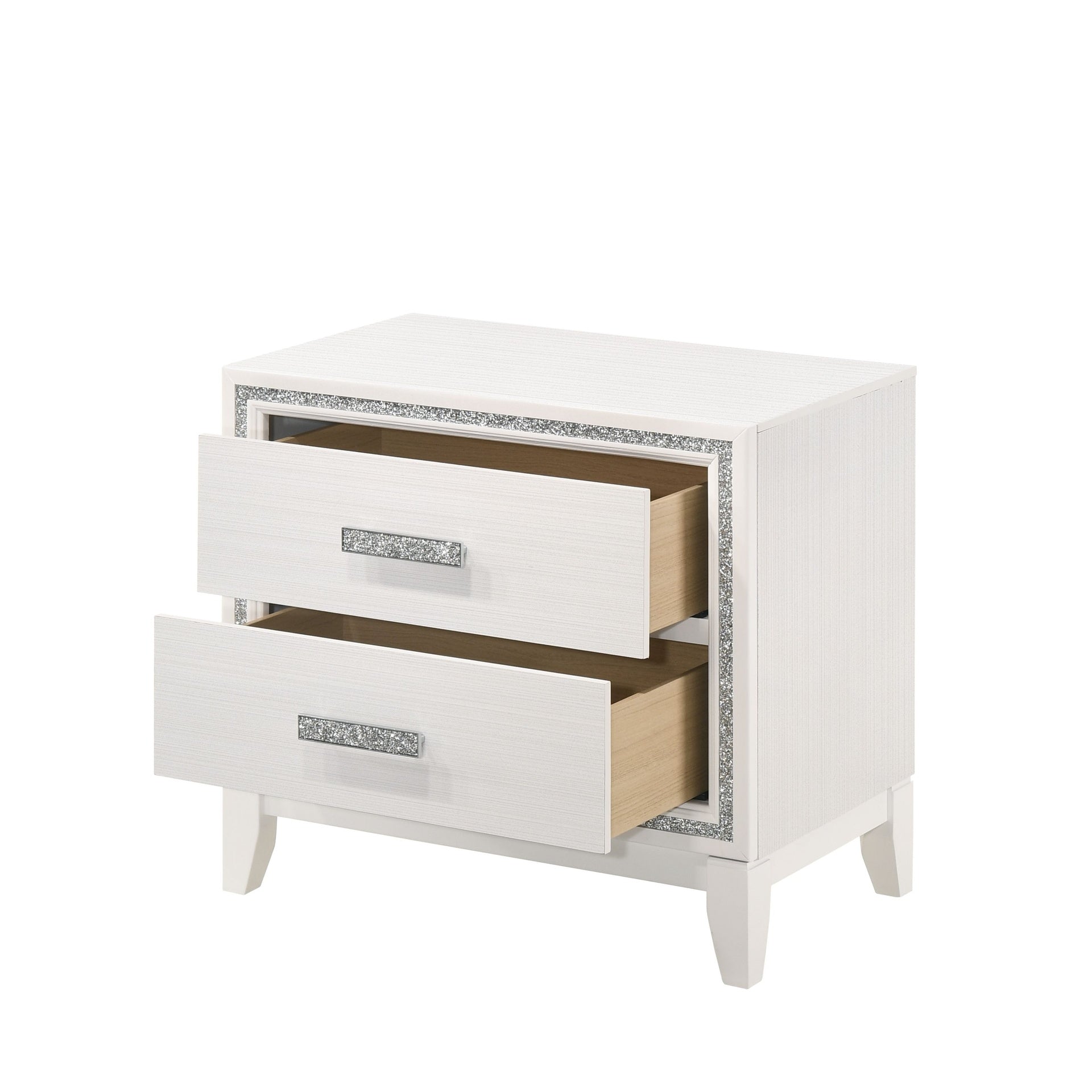 Contemporary Bedroom Furniture White Finish Nightstand with Two Drawers Wooden 1pc Shimmering Silver Trim Accent