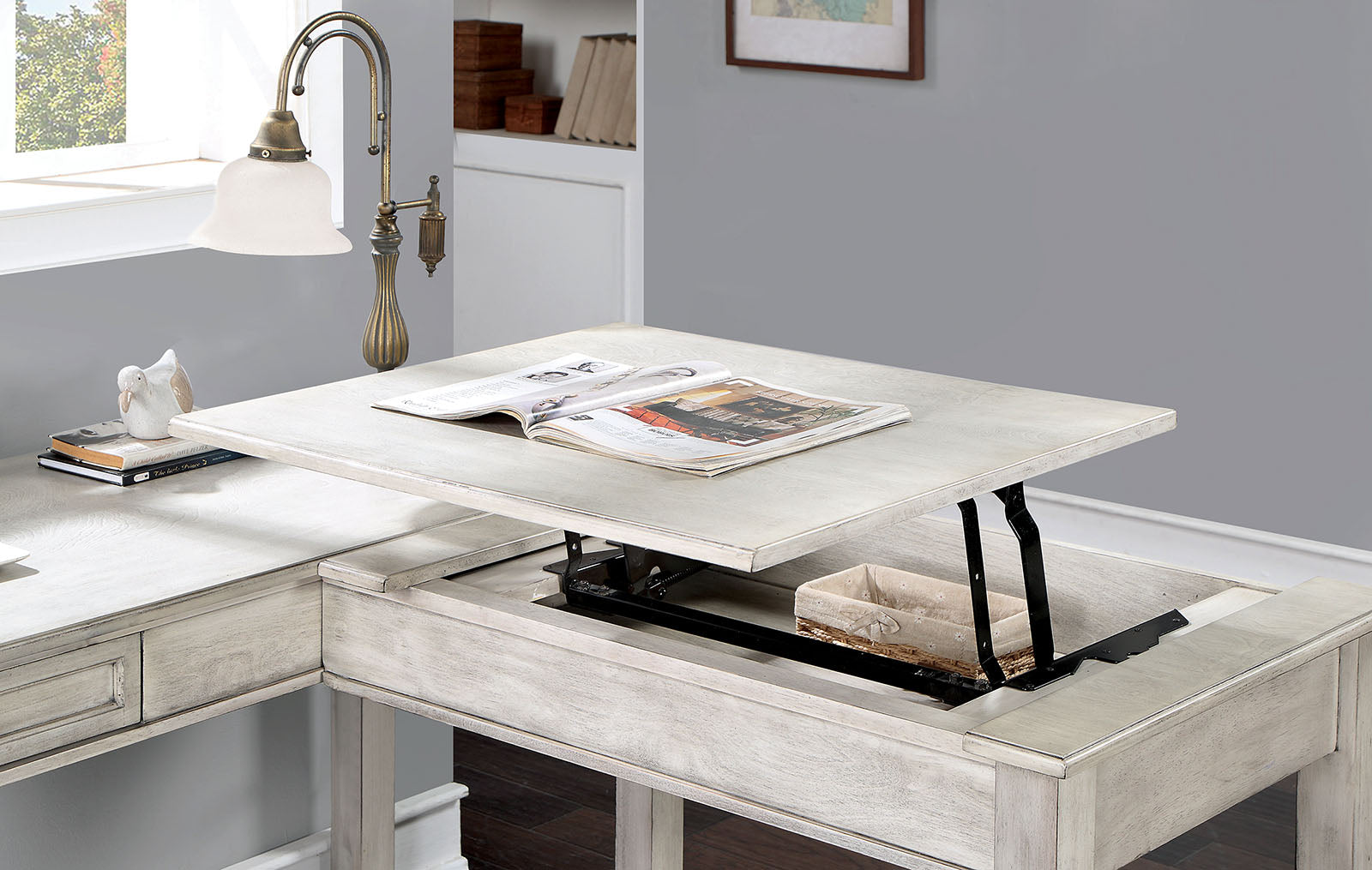 Transitional Computer Desk Antique White, USB Port Lift Top Design And Dovetail Drawer