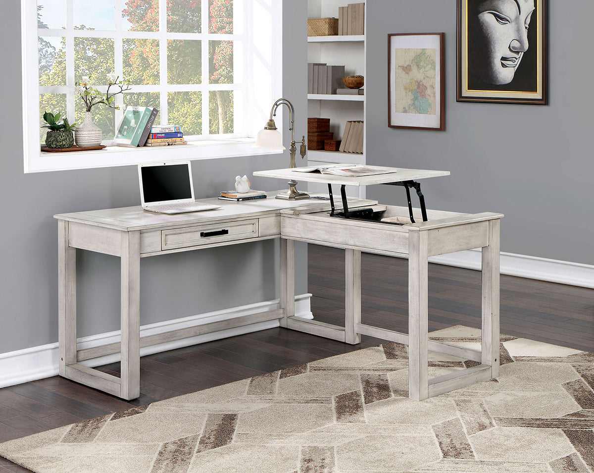 Transitional Computer Desk Antique White, USB Port Lift Top Design And Dovetail Drawer