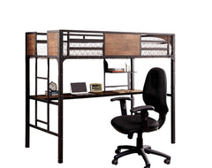 Metal Structure With Wood Panels Industrial Bunk Bed Twin Over Workstation Nailhead Trim Attached Ladder Black Finish Chair-Not Included