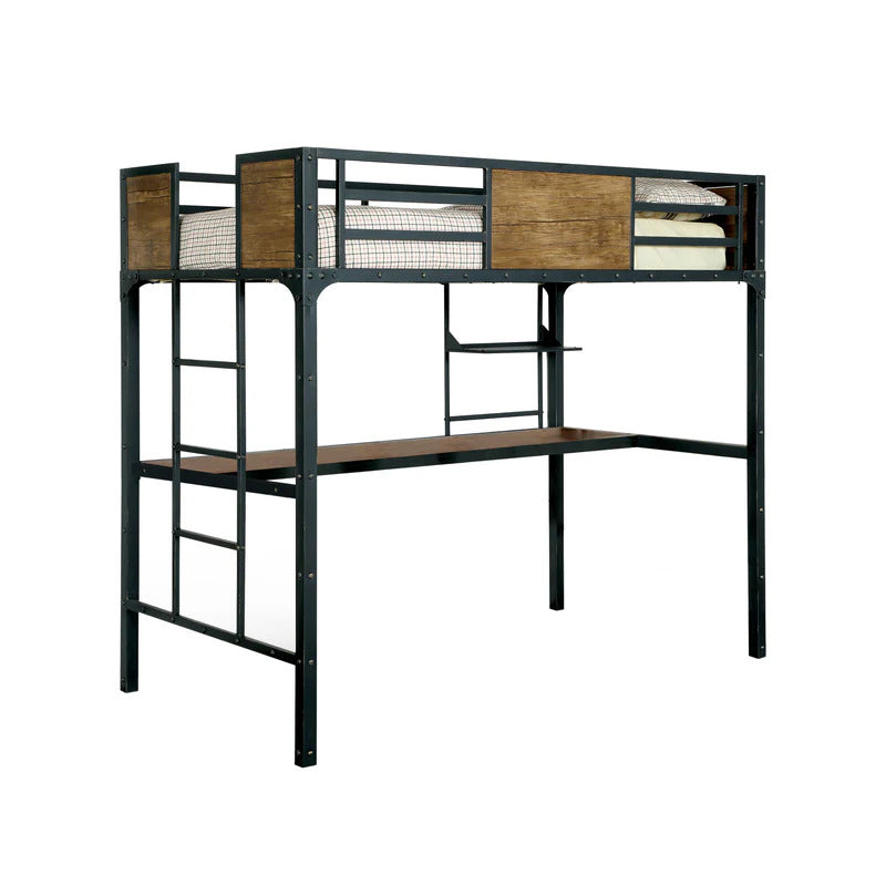 Metal Structure With Wood Panels Industrial Bunk Bed Twin Over Workstation Nailhead Trim Attached Ladder Black Finish Chair-Not Included