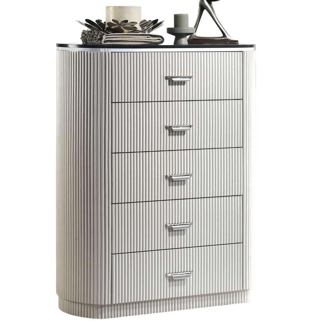Modern Contemporary Style 1pc Chest Unique Look Chrome Handles Cultured Stone On Top 5-English Dovetail Drawers Vertical Receded Silver Line Light Gray Finish Bedroom Furniture