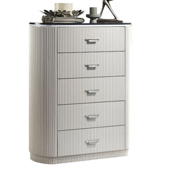 Modern Contemporary Style 1pc Chest Unique Look Chrome Handles Cultured Stone On Top 5-English Dovetail Drawers Vertical Receded Silver Line Light Gray Finish Bedroom Furniture