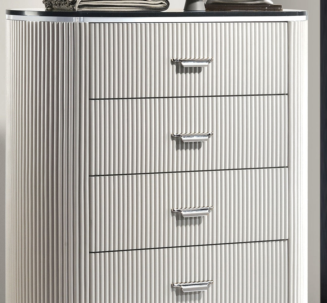 Modern Contemporary Style 1pc Chest Unique Look Chrome Handles Cultured Stone On Top 5-English Dovetail Drawers Vertical Receded Silver Line Light Gray Finish Bedroom Furniture