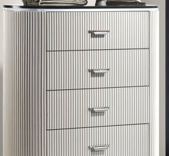 Modern Contemporary Style 1pc Chest Unique Look Chrome Handles Cultured Stone On Top 5-English Dovetail Drawers Vertical Receded Silver Line Light Gray Finish Bedroom Furniture