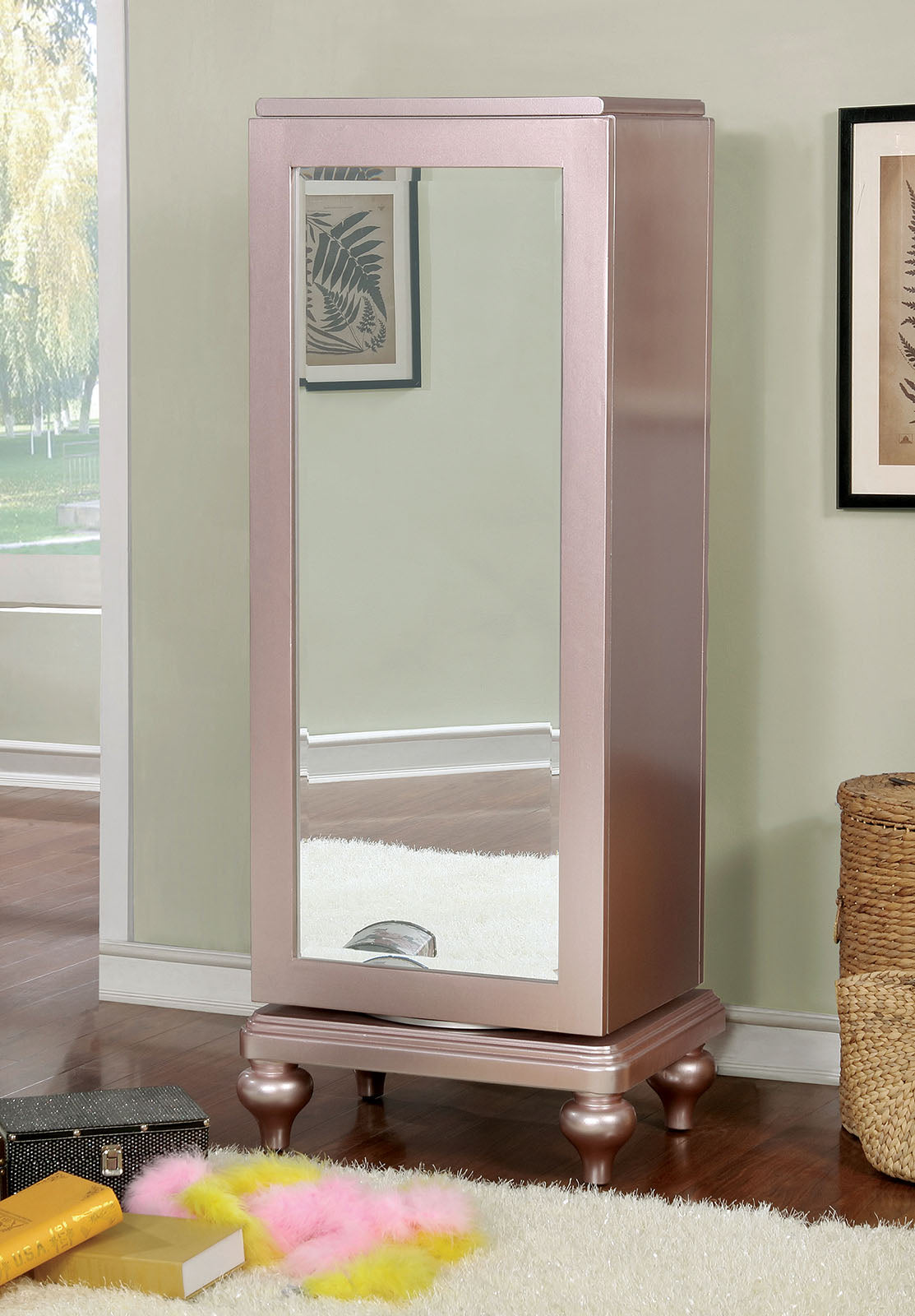 Contemporary Style Swivel Chest Mirror Trim Felt Lined Top Drawer Rose Gold Finish Mirror Back Bedroom Furniture