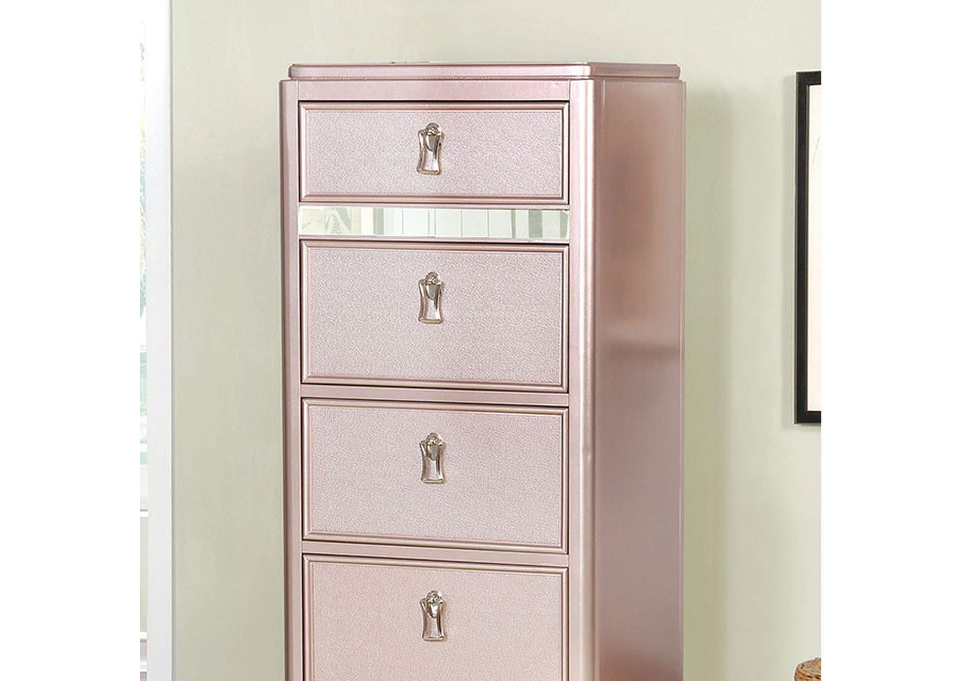 Contemporary Style Swivel Chest Mirror Trim Felt Lined Top Drawer Rose Gold Finish Mirror Back Bedroom Furniture