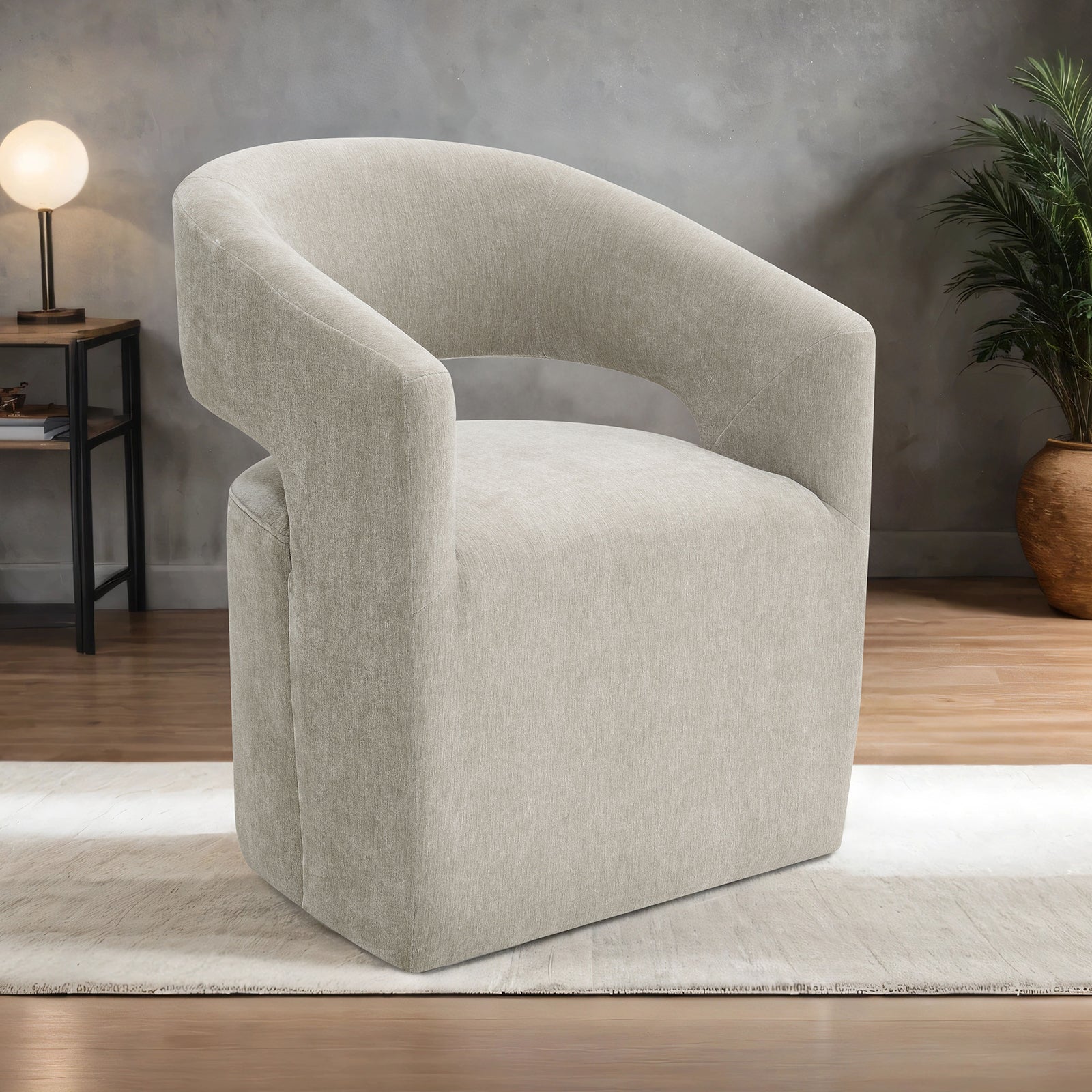 Contemporary Style 1pc Arm Chair With Caster Barrel Back Design Neutral Textured Fabric Taupe Finish Primary Living Room