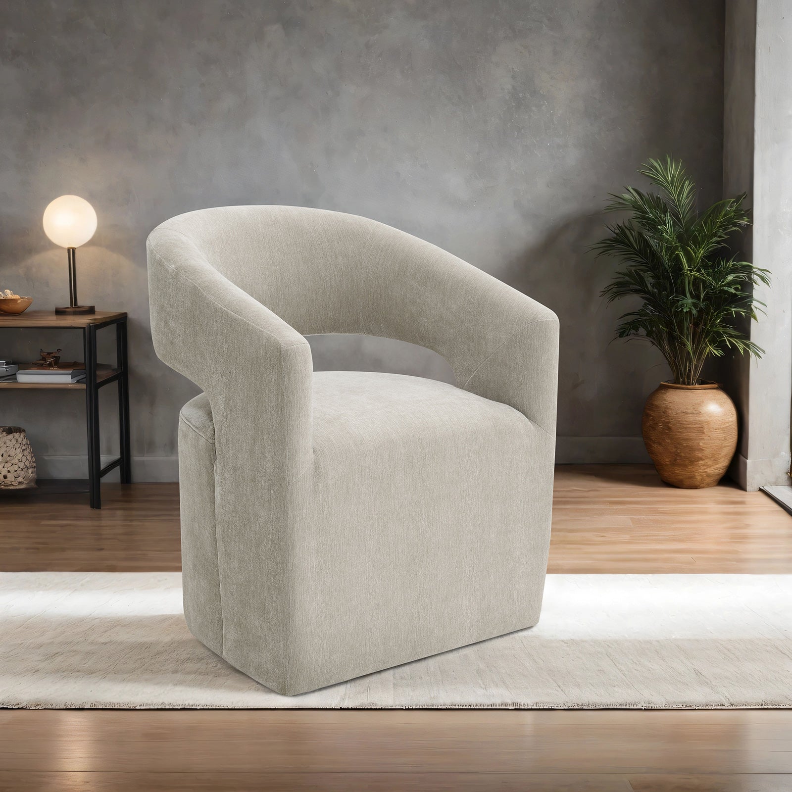 Contemporary Style 1pc Arm Chair With Caster Barrel Back Design Neutral Textured Fabric Taupe Finish Primary Living Room