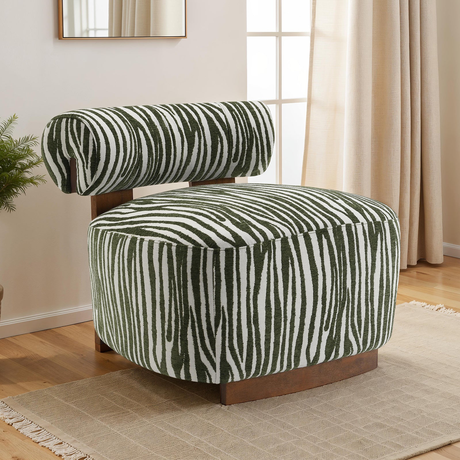 Green Finish 1pc Accent Chair Cylindrical Backrest High Density Foam Zebra Strip Fabric Primary Living Room