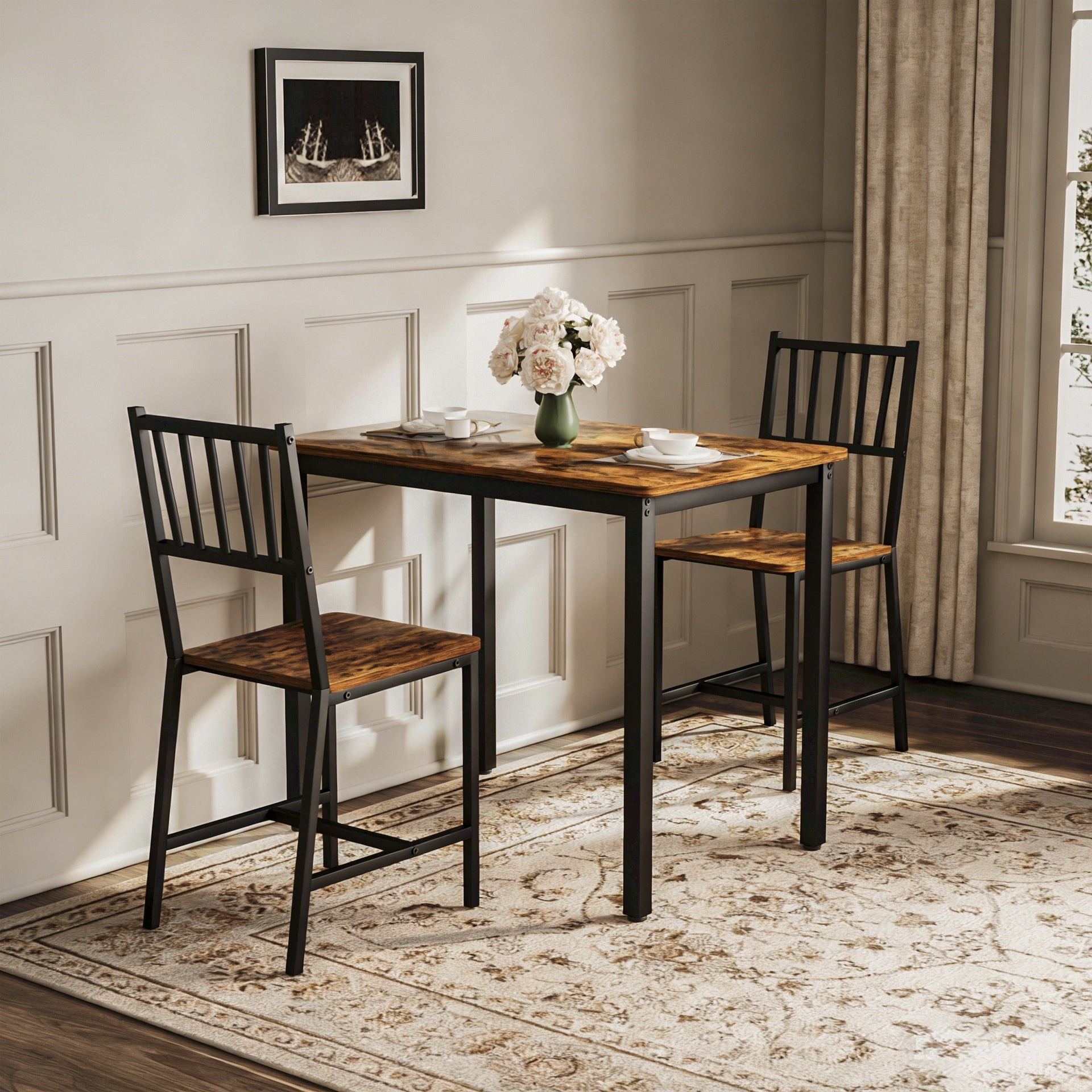 Dining Table Set, Bar Table with 2 Dining Benches, Kitchen Table Counter with Chairs, Industrial for Kitchen Breakfast Table, Living Room, Party Room, Rustic Brown and Black,35.4″L x23.6″W x 29.7″H