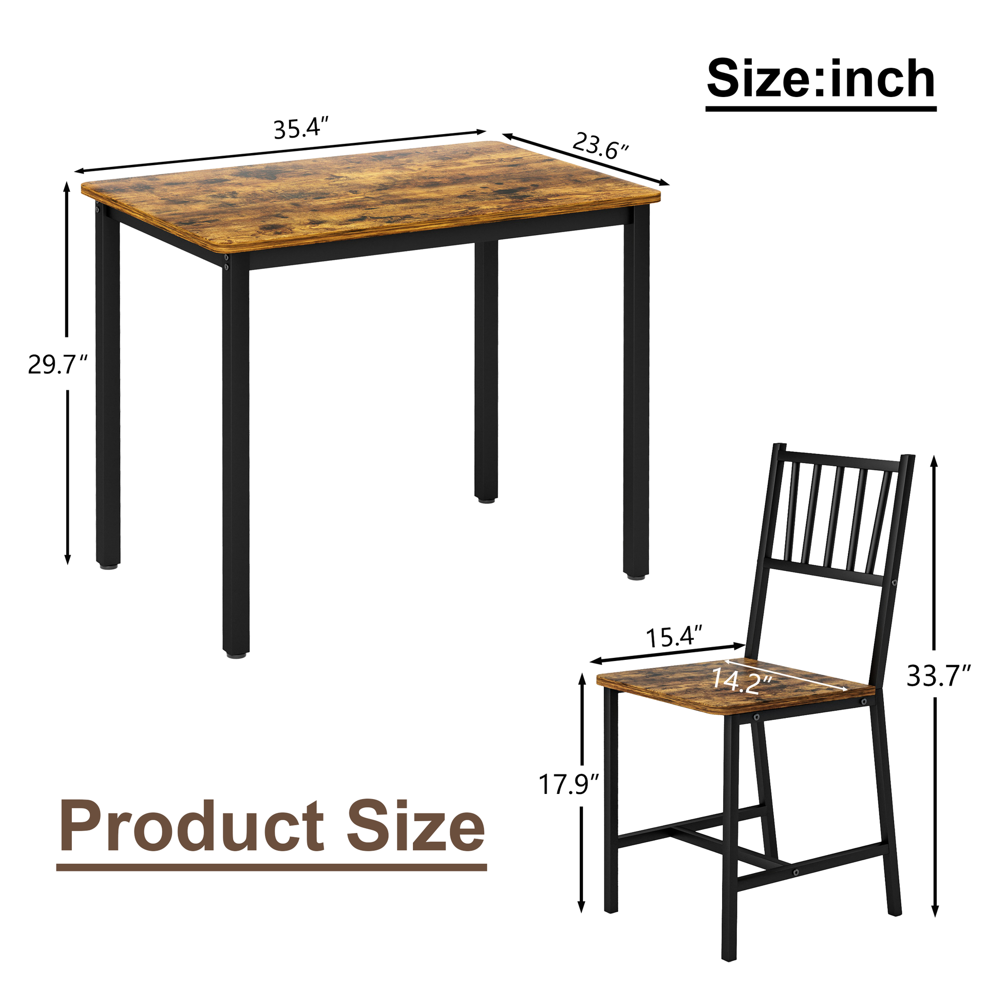 Dining Table Set, Bar Table with 2 Dining Benches, Kitchen Table Counter with Chairs, Industrial for Kitchen Breakfast Table, Living Room, Party Room, Rustic Brown and Black,35.4″L x23.6″W x 29.7″H
