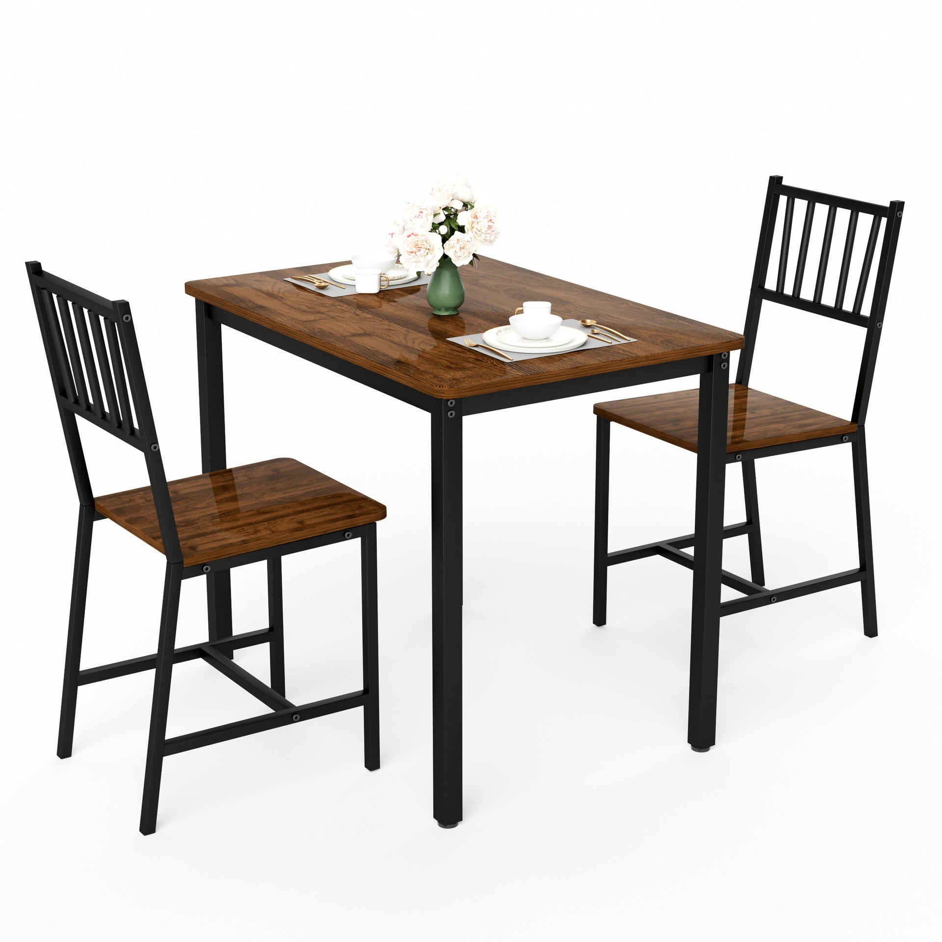 Dining Table Set, Bar Table with 2 Dining Benches, Kitchen Table Counter with Chairs, Industrial for Kitchen Breakfast Table, Living Room, Party Room, Walnut ,35.4″L x23.6″W x 29.7″H