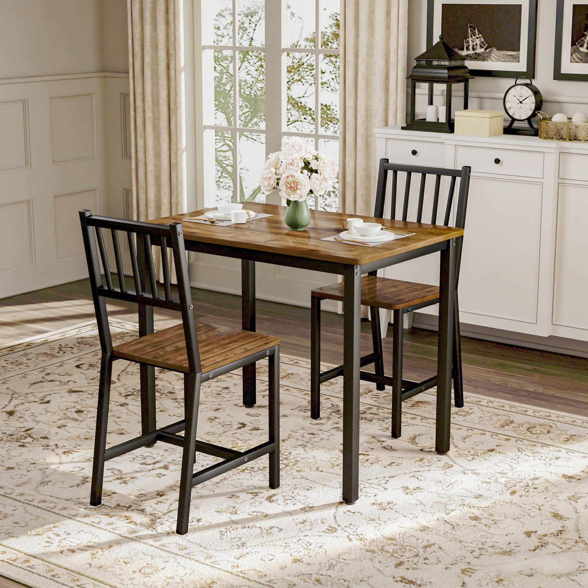 Dining Table Set, Bar Table with 2 Dining Benches, Kitchen Table Counter with Chairs, Industrial for Kitchen Breakfast Table, Living Room, Party Room, Walnut ,35.4″L x23.6″W x 29.7″H