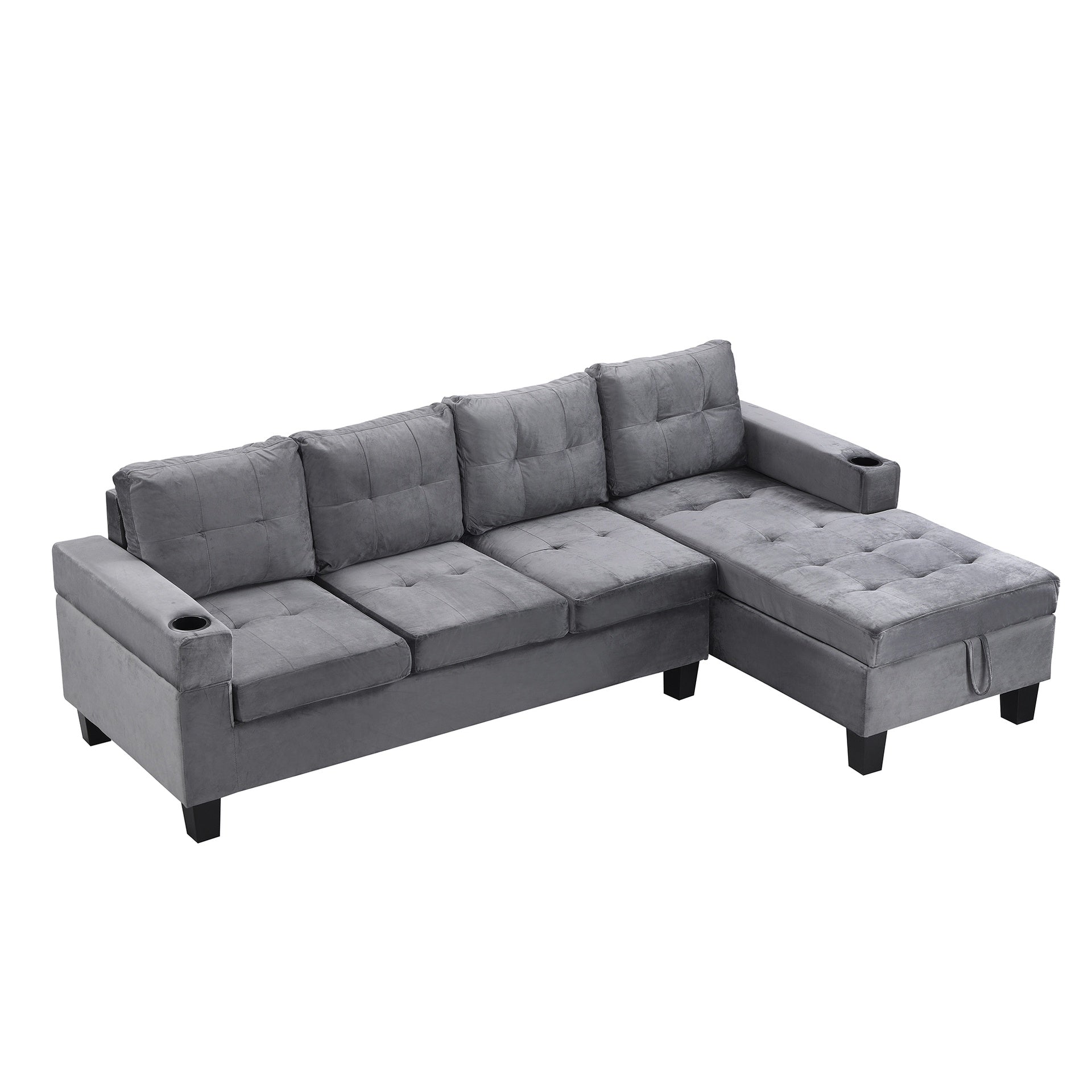 Sectional Sofa Set for Living Room with L Shape Chaise Lounge ,cup holder and Right Hand with Storage Chaise Modern 4 Seat (Grey) --RIGHT CHAISE WITH STORAGE