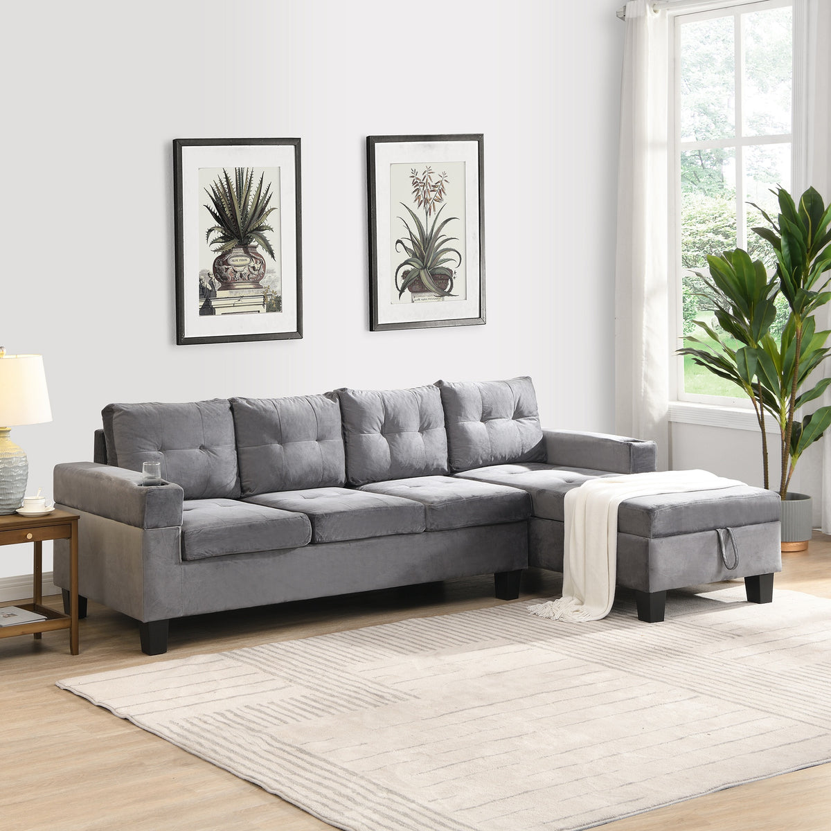 Sectional Sofa Set for Living Room with L Shape Chaise Lounge ,cup holder and Right Hand with Storage Chaise Modern 4 Seat (Grey) --RIGHT CHAISE WITH STORAGE