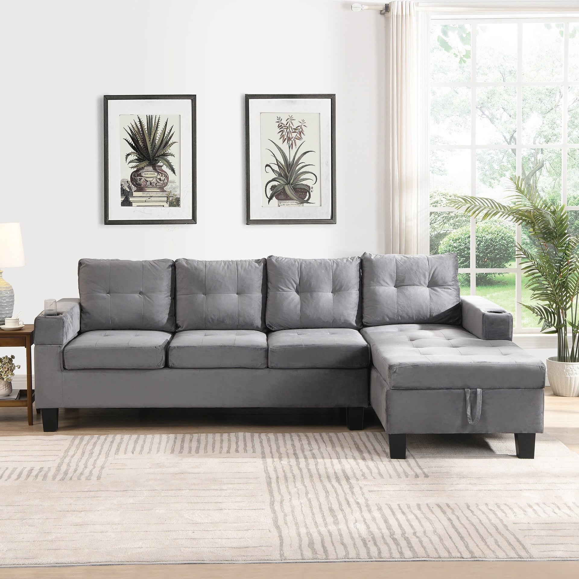 Sectional Sofa Set for Living Room with L Shape Chaise Lounge ,cup holder and Right Hand with Storage Chaise Modern 4 Seat (Grey) --RIGHT CHAISE WITH STORAGE