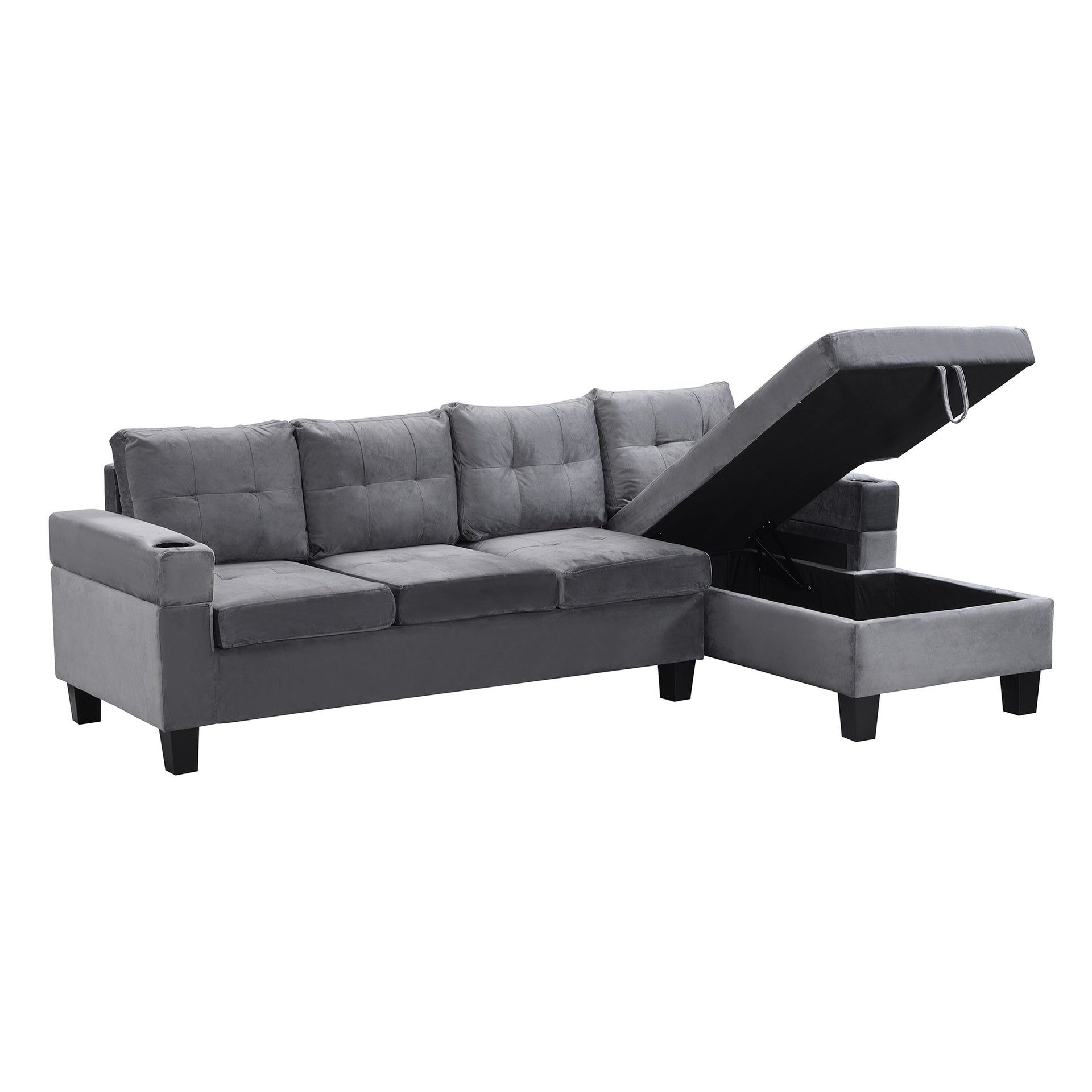 Sectional Sofa Set for Living Room with L Shape Chaise Lounge ,cup holder and Right Hand with Storage Chaise Modern 4 Seat (Grey) --RIGHT CHAISE WITH STORAGE