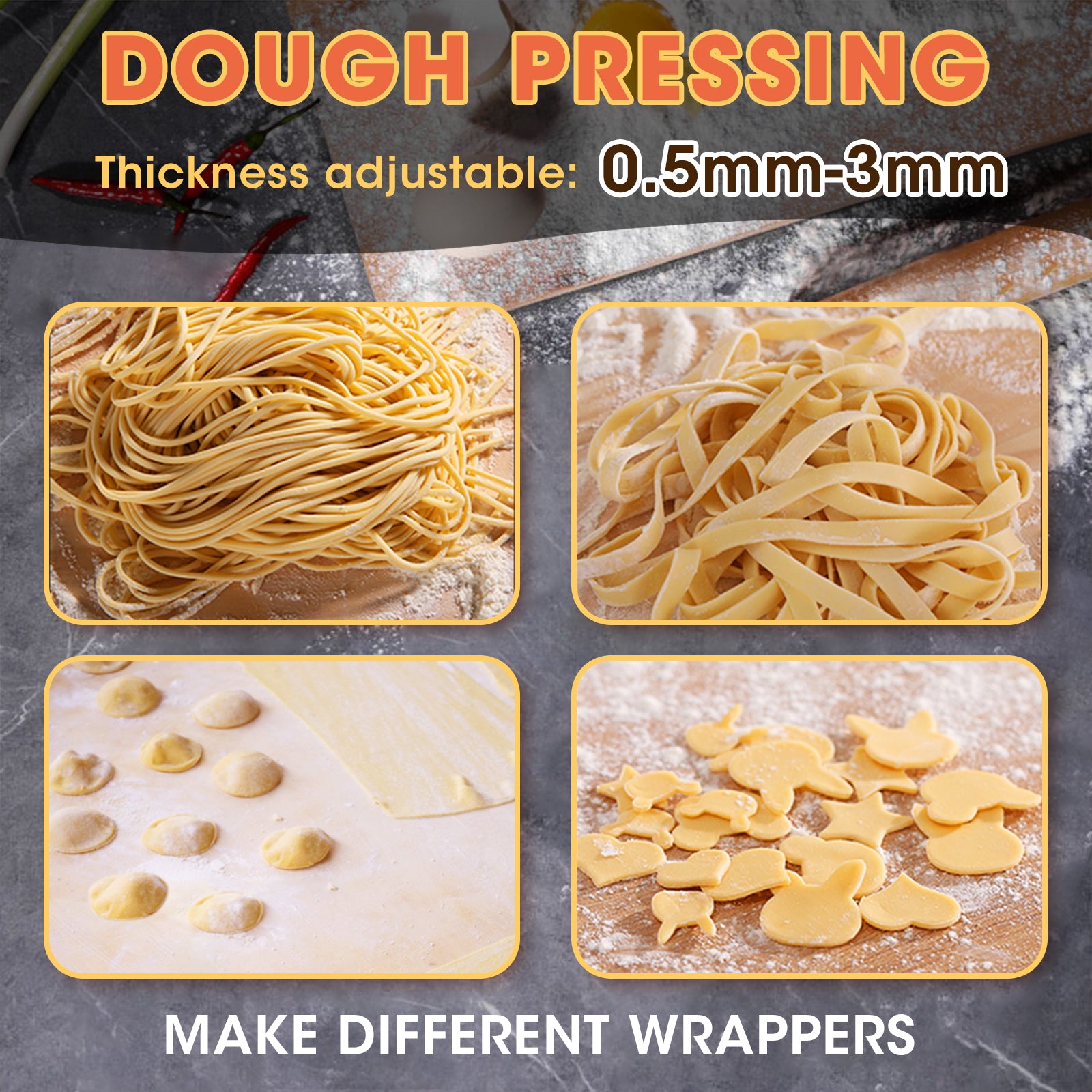 Electric Pasta Maker Noodle Maker Pasta Making Machine Dough Roller Cutter Thickness Adjustable Stainless Steel US 110V 135w  3 Blades Type 2.5mm Round+4mm Flat+9mm Wide Noodle