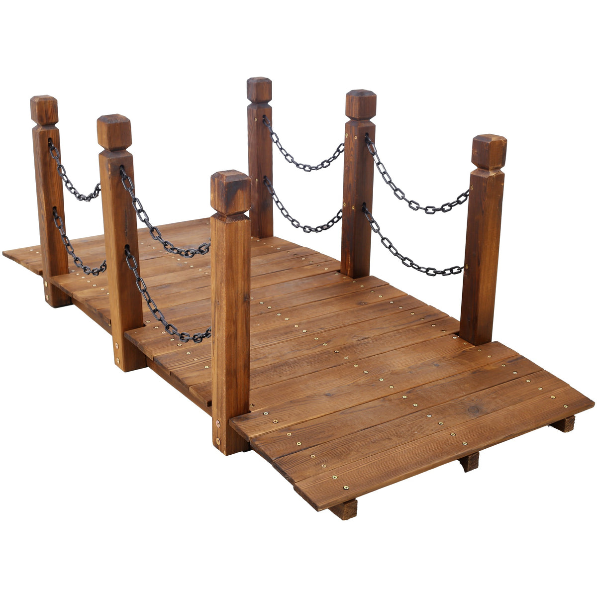 5 FT Wooden Garden Bridge, Stained Wood Arc Footbridge with Chain Railings for Backyard Creek Farm, Decorative Pond Bridge, Easy to Assemble (Brown)
