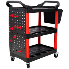 3 Tier Rolling Auto Detail Cart With Wheels,With Bucket & Panel & Hook,for Detailers Garage, Workshop, Repair Shop, Storage Tool,Red&Black