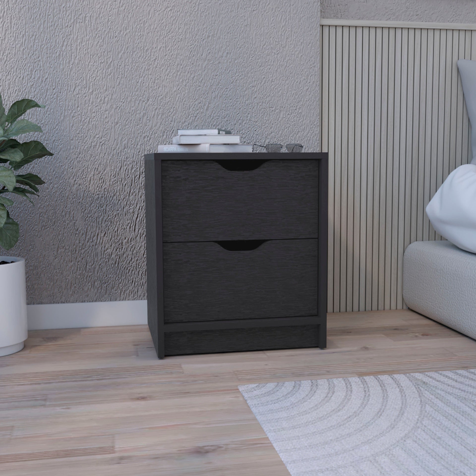 Double Drawer Nightstand 19"H, Bedside Table, Black