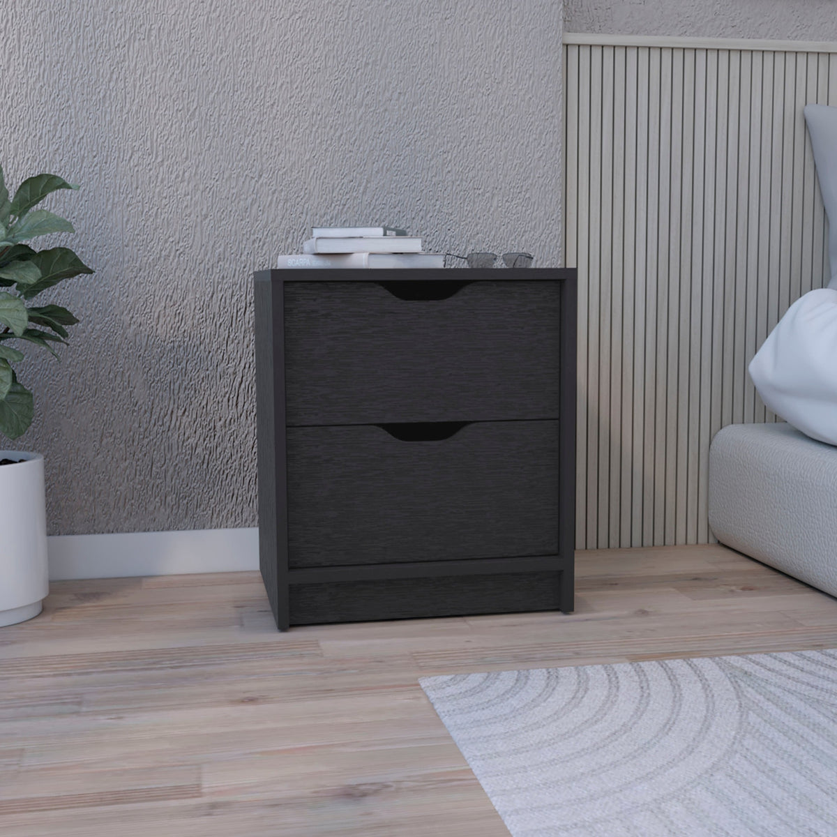 Double Drawer Nightstand 19"H, Bedside Table, Black