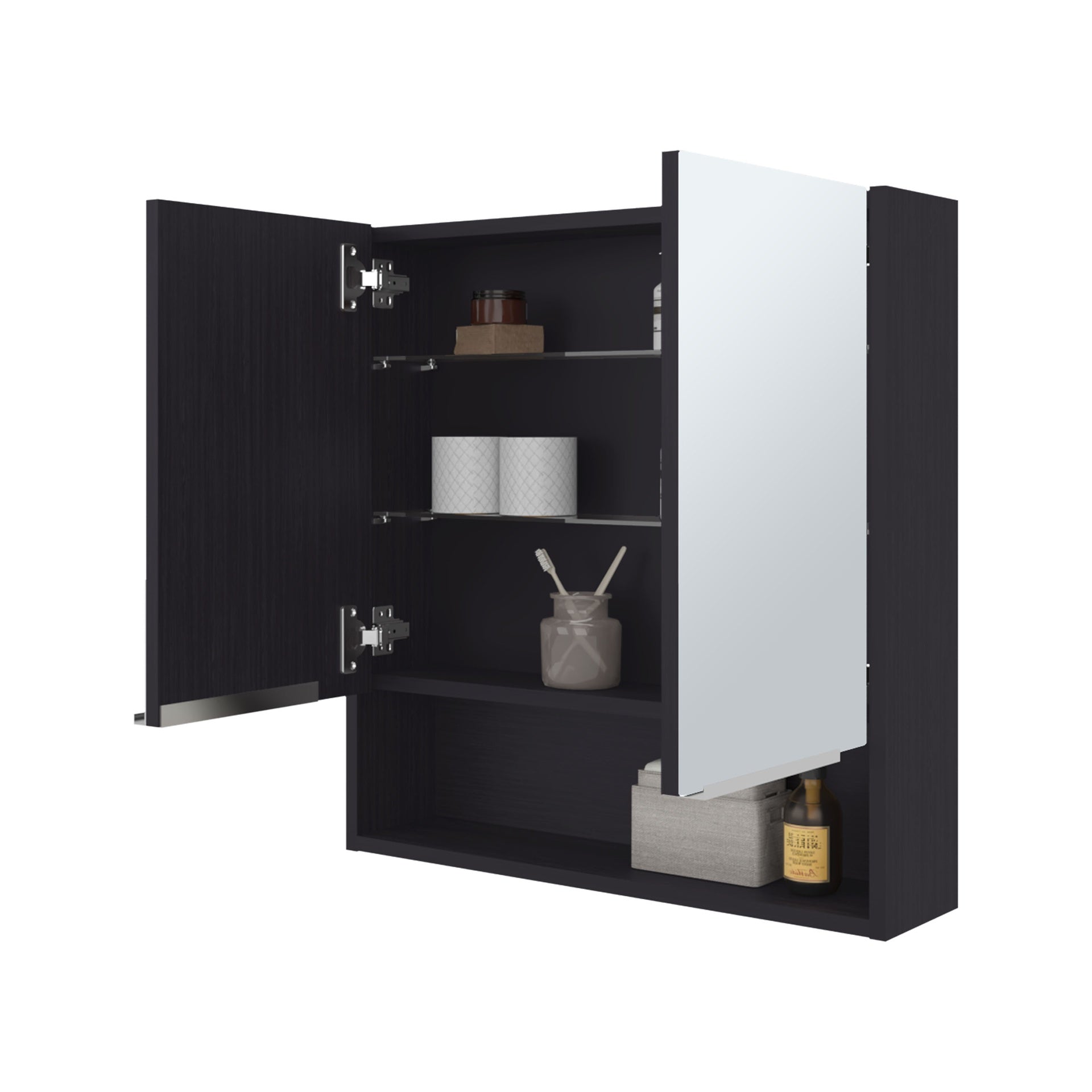 Medicine Cabinet, One Open Shelf, Three Interior Shelves, Black