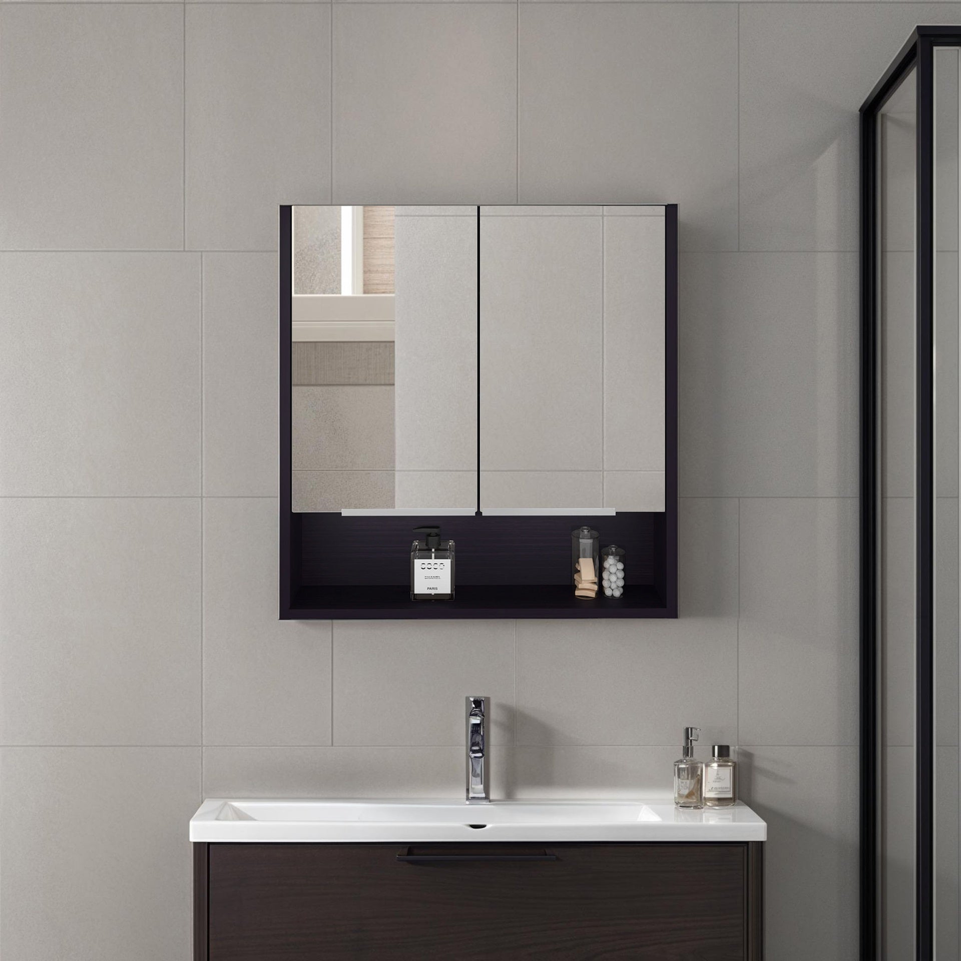 Medicine Cabinet, One Open Shelf, Three Interior Shelves, Black