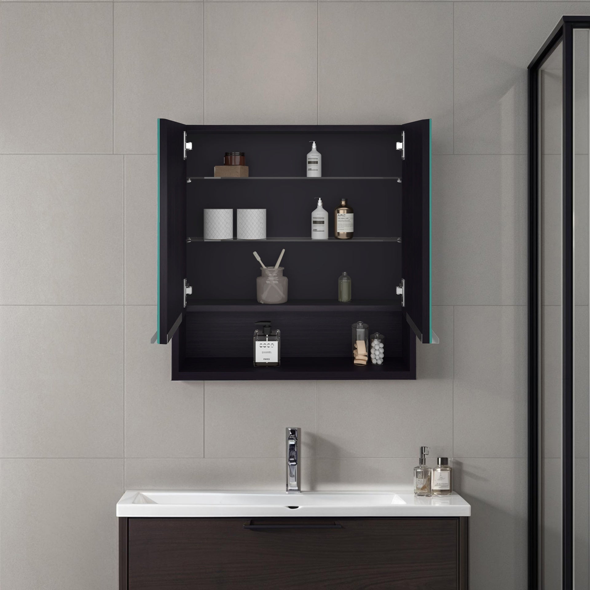 Medicine Cabinet, One Open Shelf, Three Interior Shelves, Black