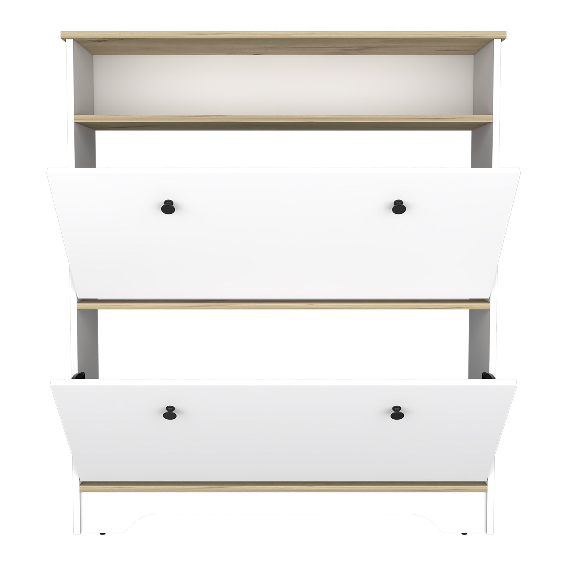 Shoe Rack 46 inch H, One Open Storage Shelf, Two Internal Storage Drawers, Two Doors, Light Oak / White