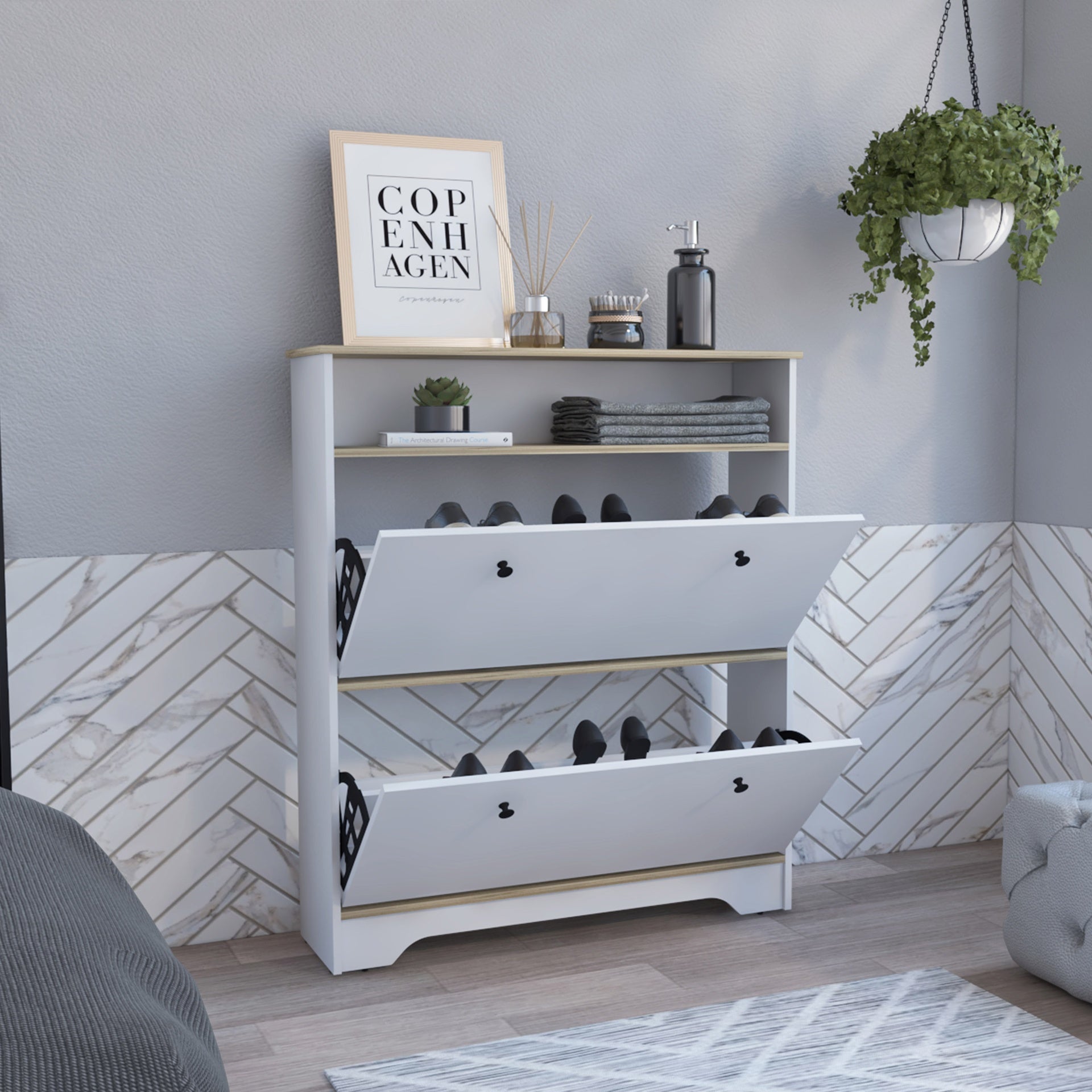 Shoe Rack 46 inch H, One Open Storage Shelf, Two Internal Storage Drawers, Two Doors, Light Oak / White